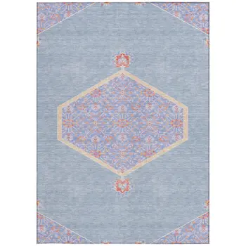 9' X 12' Denim Blue And Orange Oriental Washable Indoor Outdoor Area Rug