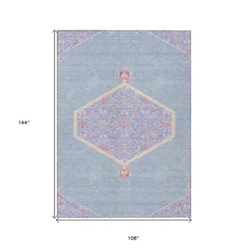 9' X 12' Denim Blue And Orange Oriental Washable Indoor Outdoor Area Rug