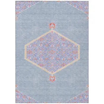 9' X 12' Denim Blue And Orange Oriental Washable Indoor Outdoor Area Rug