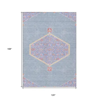 10' X 14' Denim Blue And Orange Oriental Washable Indoor Outdoor Area Rug