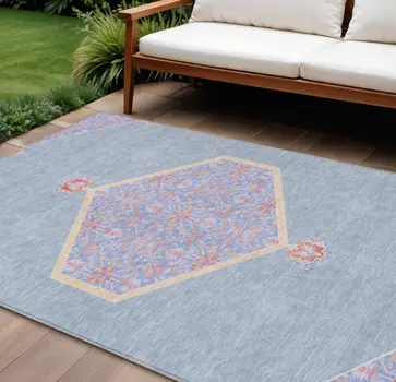 10' X 14' Denim Blue And Orange Oriental Washable Indoor Outdoor Area Rug