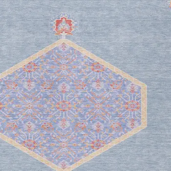 10' X 14' Denim Blue And Orange Oriental Washable Indoor Outdoor Area Rug