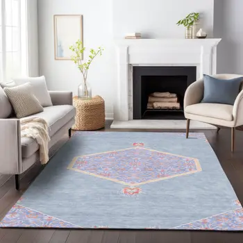 10' X 14' Denim Blue And Orange Oriental Washable Indoor Outdoor Area Rug