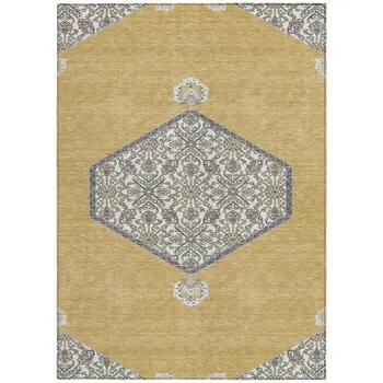 3' X 5' Gold Ivory And Beige Oriental Washable Indoor Outdoor Area Rug