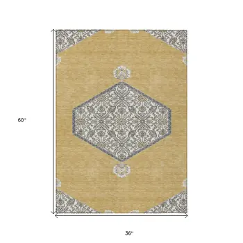 3' X 5' Gold Ivory And Beige Oriental Washable Indoor Outdoor Area Rug