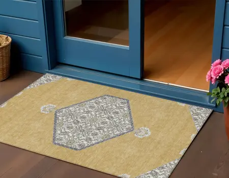 3' X 5' Gold Ivory And Beige Oriental Washable Indoor Outdoor Area Rug