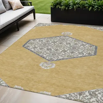 5' X 8' Gold Ivory And Beige Oriental Washable Indoor Outdoor Area Rug