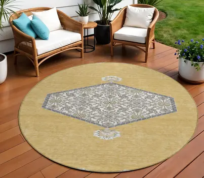 8' Gold Ivory And Beige Round Oriental Washable Indoor Outdoor Area Rug