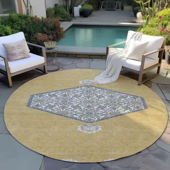 8' Gold Ivory And Beige Round Oriental Washable Indoor Outdoor Area Rug