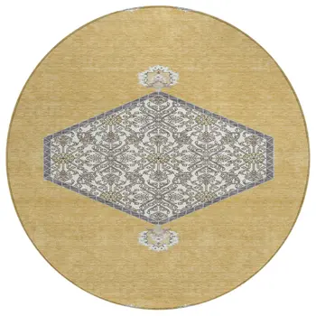8' Gold Ivory And Beige Round Oriental Washable Indoor Outdoor Area Rug