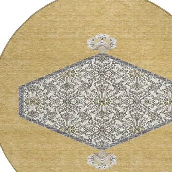 8' Gold Ivory And Beige Round Oriental Washable Indoor Outdoor Area Rug