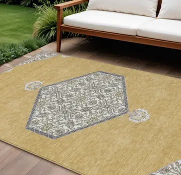8' X 10' Gold Ivory And Beige Oriental Washable Indoor Outdoor Area Rug