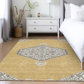 8' X 10' Gold Ivory And Beige Oriental Washable Indoor Outdoor Area Rug