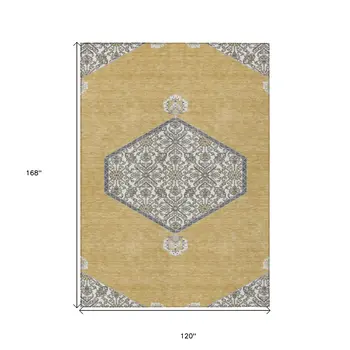 10' X 14' Gold Ivory And Beige Oriental Washable Indoor Outdoor Area Rug