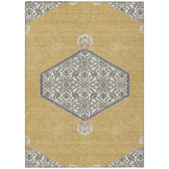 10' X 14' Gold Ivory And Beige Oriental Washable Indoor Outdoor Area Rug