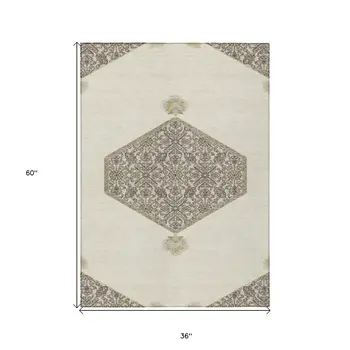 3' X 5' Ivory Beige And Gray Oriental Washable Indoor Outdoor Area Rug