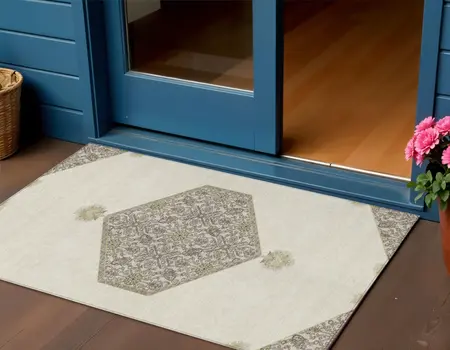 3' X 5' Ivory Beige And Gray Oriental Washable Indoor Outdoor Area Rug