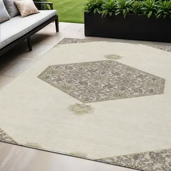 5' X 8' Ivory Beige And Gray Oriental Washable Indoor Outdoor Area Rug