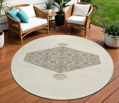 8' Ivory Beige And Gray Round Oriental Washable Indoor Outdoor Area Rug