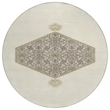 8' Ivory Beige And Gray Round Oriental Washable Indoor Outdoor Area Rug