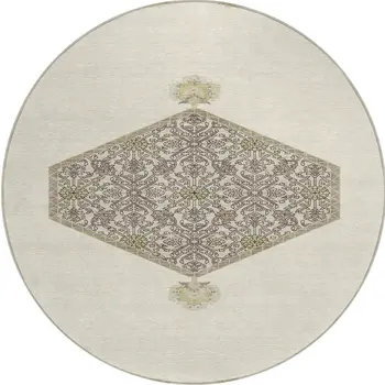 8' Ivory Beige And Gray Round Oriental Washable Indoor Outdoor Area Rug