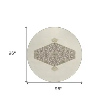 8' Ivory Beige And Gray Round Oriental Washable Indoor Outdoor Area Rug