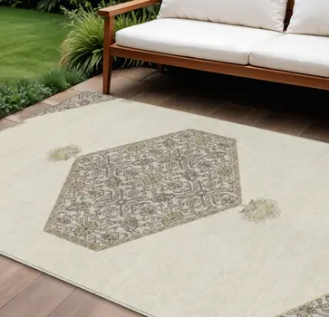 8' X 10' Ivory Beige And Gray Oriental Washable Indoor Outdoor Area Rug