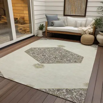 8' X 10' Ivory Beige And Gray Oriental Washable Indoor Outdoor Area Rug