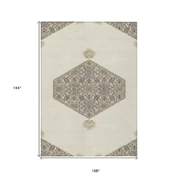 9' X 12' Ivory Beige And Gray Oriental Washable Indoor Outdoor Area Rug