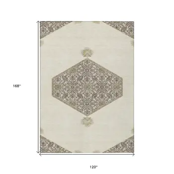 10' X 14' Ivory Beige And Gray Oriental Washable Indoor Outdoor Area Rug
