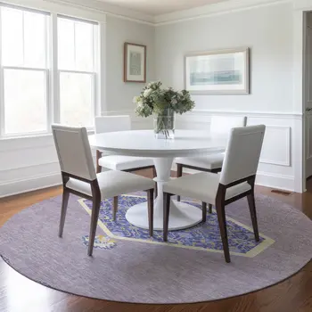 8' Lavender Round Oriental Washable Indoor Outdoor Area Rug