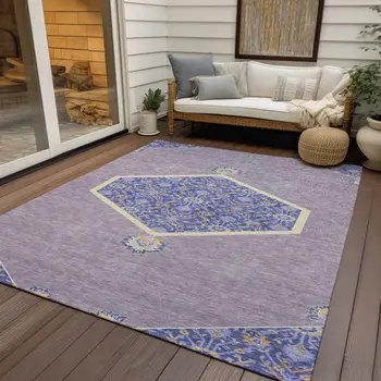 8' X 10' Lavender Gold And Purple Oriental Washable Indoor Outdoor Area Rug
