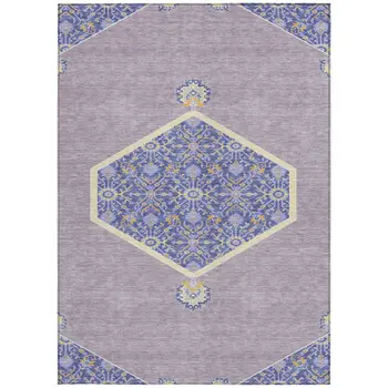 9' X 12' Lavender Gold And Purple Oriental Washable Indoor Outdoor Area Rug