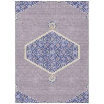 9' X 12' Lavender Gold And Purple Oriental Washable Indoor Outdoor Area Rug