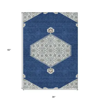 3' X 5' Navy Blue Gray And Beige Oriental Washable Indoor Outdoor Area Rug