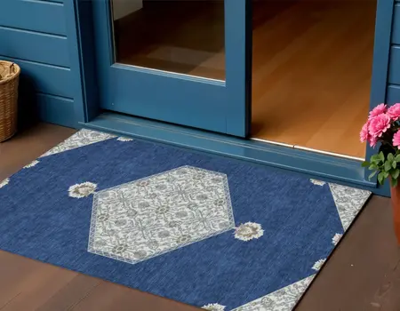 3' X 5' Navy Blue Gray And Beige Oriental Washable Indoor Outdoor Area Rug