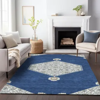 3' X 5' Navy Blue Gray And Beige Oriental Washable Indoor Outdoor Area Rug