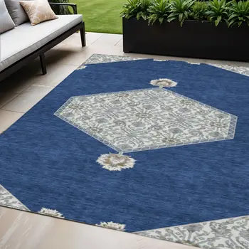 5' X 8' Navy Blue Gray And Beige Oriental Washable Indoor Outdoor Area Rug