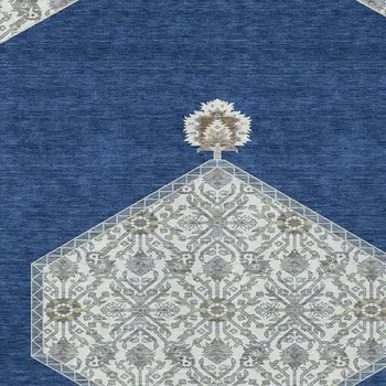 5' X 8' Navy Blue Gray And Beige Oriental Washable Indoor Outdoor Area Rug