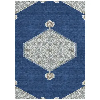 8' X 10' Navy Blue Gray And Beige Oriental Washable Indoor Outdoor Area Rug