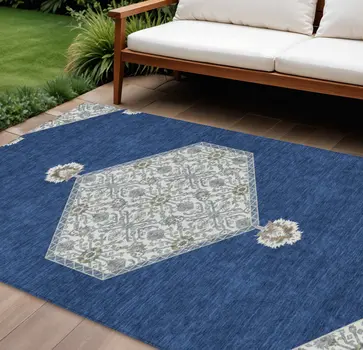 8' X 10' Navy Blue Gray And Beige Oriental Washable Indoor Outdoor Area Rug