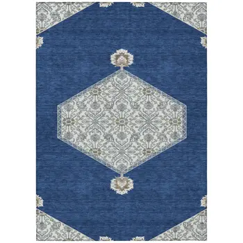 8' X 10' Navy Blue Gray And Beige Oriental Washable Indoor Outdoor Area Rug
