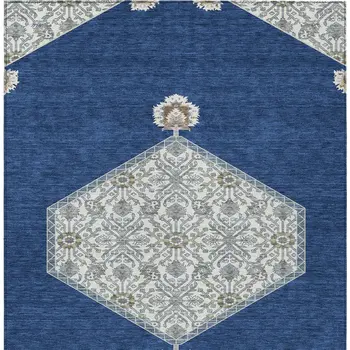 9' X 12' Navy Blue Gray And Beige Oriental Washable Indoor Outdoor Area Rug