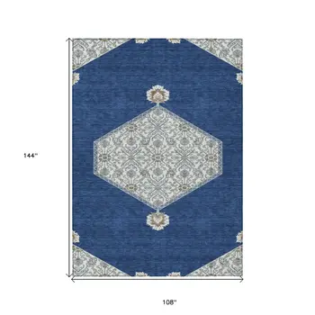 9' X 12' Navy Blue Gray And Beige Oriental Washable Indoor Outdoor Area Rug