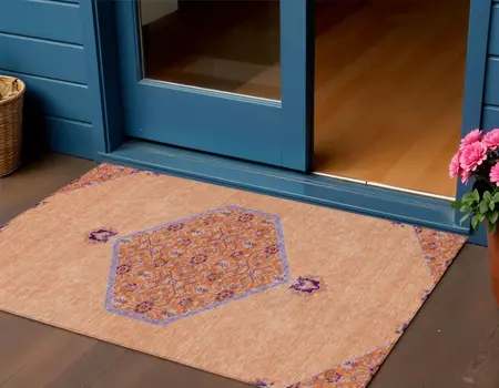 3' X 5' Peach Purple And Burgundy Oriental Washable Indoor Outdoor Area Rug