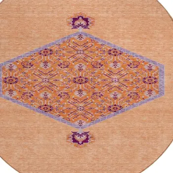 8' Peach Round Oriental Washable Indoor Outdoor Area Rug