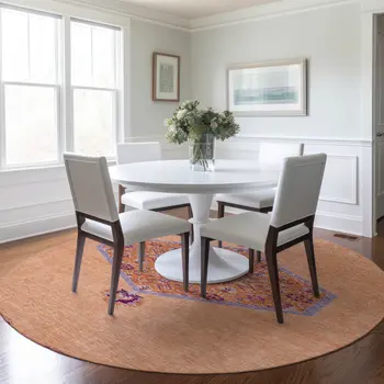 8' Peach Round Oriental Washable Indoor Outdoor Area Rug