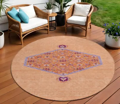 8' Peach Round Oriental Washable Indoor Outdoor Area Rug