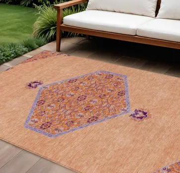 8' X 10' Peach Purple And Burgundy Oriental Washable Indoor Outdoor Area Rug