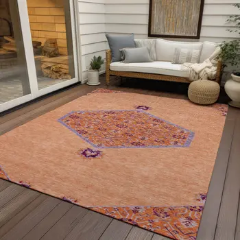 8' X 10' Peach Purple And Burgundy Oriental Washable Indoor Outdoor Area Rug